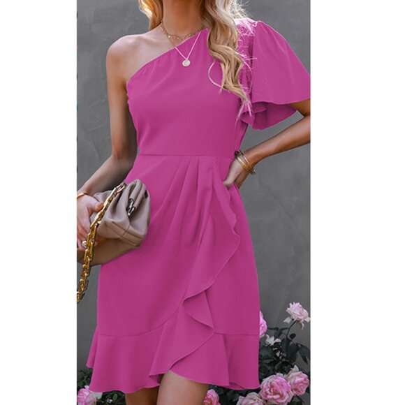 OUGES Dresses & Skirts - OUGES One Shoulder Ruffle Dress A Line Summer Cocktail Party Mini Dress Size S